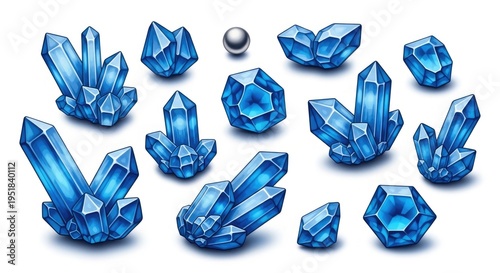 Collection of blue crystals and a single pearl on white background