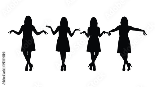 Four women in dresses and high heels are standing in a row
