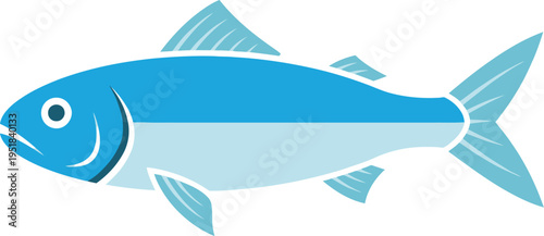 Stylized illustration of a blue and light blue fish with fins and tail depicted in a clean flat graphic style perfect for aquatic themes seafood menus and oceanographic concepts