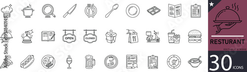Minimal Restaurant line icons for food, dining, menu, chef, table, drinks, fast food, and culinary services. Editable icons for restaurant branding, food apps, menus, and hospitality projects.