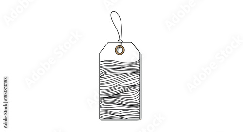 Simple paper tag icon is filled with a pattern of horizontal wavy lines and is attached to a thin string loop on a white background.