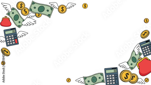 Flying paper money, gold coins with wings, calculators, and red wallets scattered around a blank central copy space area.