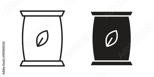 Bag seedling icon set in black outline and fill. Editable icons