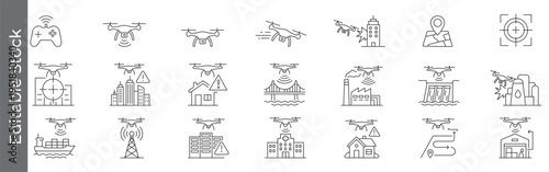 Drone surveillance and aerial monitoring icon set – editable outline symbols of UAV, mapping, target, attack, blast, city, factory, ship, warehouse industry and infrastructure