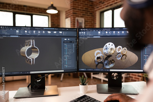 Canvastavla African american developer working in home studio with dual monitors and CAD tools