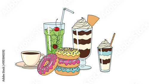Selection of various sweet treats including glazed donuts with sprinkles, coffee, ice cream sundae, and a green cocktail.