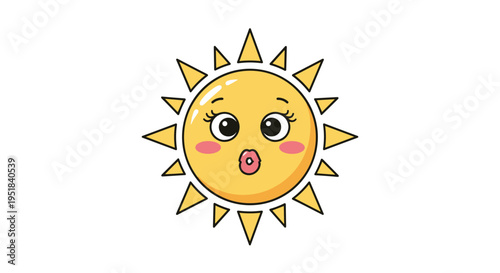 Cute cartoon sun character with a smiling face blushing cheeks and triangular rays shining brightly on a white background.