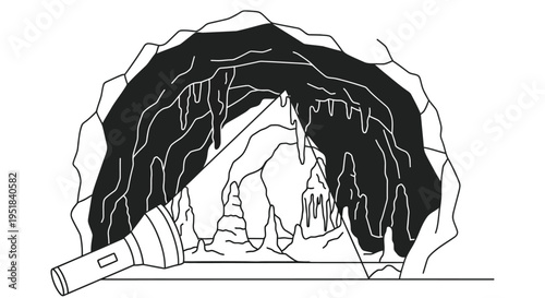A stark black and white illustration of a cave entrance with a flashlight beam