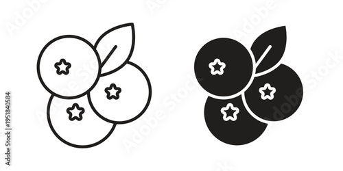 Blueberries icon set in black outline and fill. Editable icons