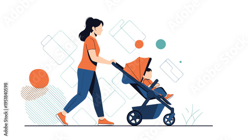 Woman pushing a baby in an orange stroller against a modern abstract background with geometric shapes and lines.