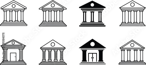 A set of vector line art silhouettes of various classic bank building facades and structures
