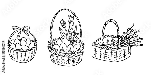 Three hand-drawn baskets featuring decorated eggs and flowers, showcasing a festive design suitable for Easter celebrations and spring-themed decorations