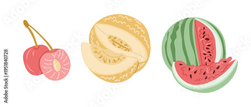 Illustration of three fruits, cherries, cantaloupe slices, and watermelon with pink flesh, arranged on a white background for a fresh and vibrant visual appeal