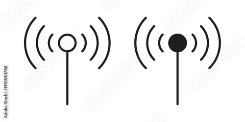 Broadcast tower icon set in black outline and fill. Editable icons