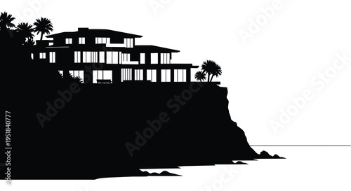 A modern multi level coastal home stands dramatically on a cliff overlooking the ocean depicted as a silhouette high quality professional detailed