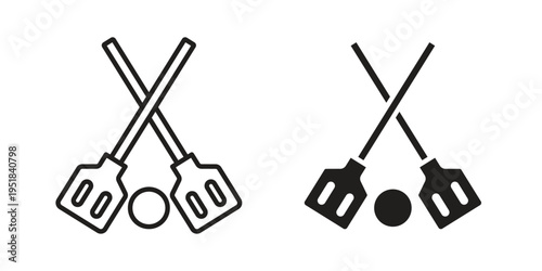 Broom-ball icon set in black outline and fill. Editable icons