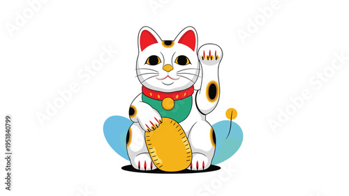 Traditional Japanese maneki-neko beckoning cat holding a golden koban coin symbolizing good luck and great fortune.