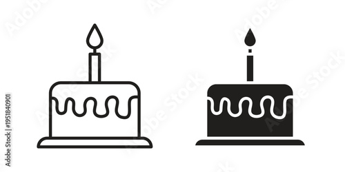 Cake icon set in black outline and fill. Editable icons