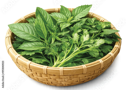 Thai Herbal Leaves in Bamboo Basket Isolated – Fresh Green Herbs in Traditional Thai Container
