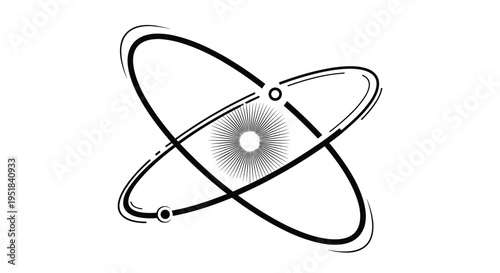 Scientific atom model illustration with orbiting electrons and a central radiating nucleus in a clean black and white style.