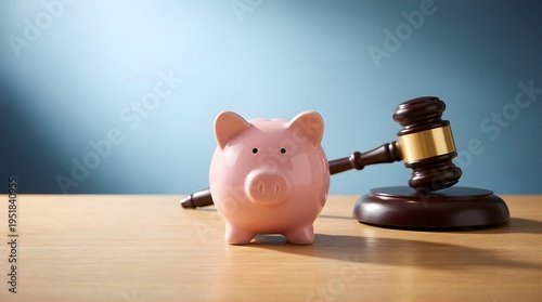 A financial advisor examines a piggy bank with a judge's gavel on a wooden desk.