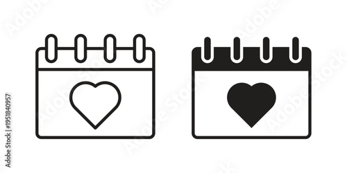 Calendar heart icon set in black outline and fill. Editable icons