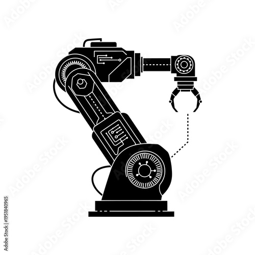 Industrial robotic arm with mechanical claw in action on factory floor with wires