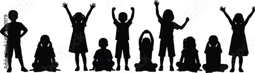 Collection of happy children silhouettes jumping and sitting in various poses isolated on white background for school and childhood celebration