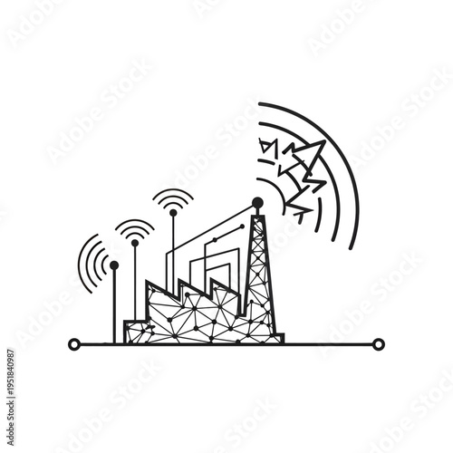 Black line art illustration of a 5G cellular network tower with signal waves and antennas.