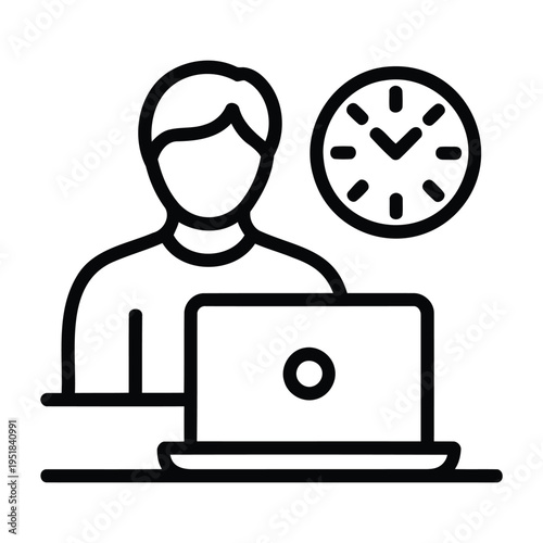 employee working on laptop vector eps with clock showing time management simple outline illustration for office work productivity remote job and professional task handling concept
