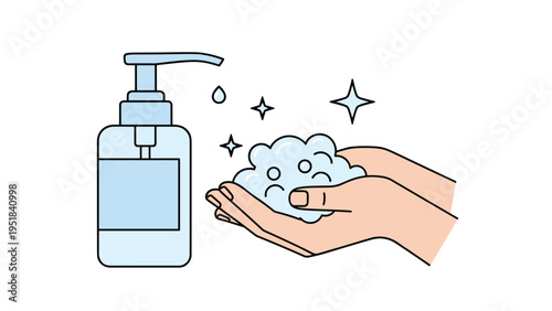 Person washing hands with liquid soap from a dispenser creating plenty of bubbles for hygiene and virus protection.