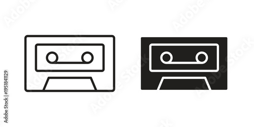 Cassette tape icon set in black outline and fill. Editable icons