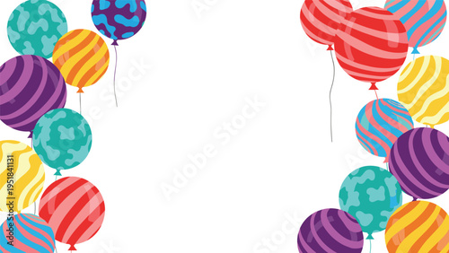 Colorful striped and patterned party balloons floating on the left and right sides of a white central copy space.