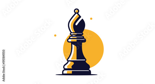 Graphic illustration of a chess bishop piece in dark blue and yellow colors set against a bright yellow circular sun.
