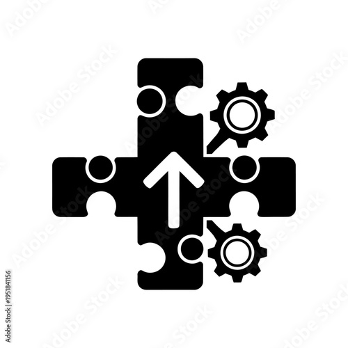Black puzzle pieces with gears and upward arrow icon, symbolizing teamwork and problem solving