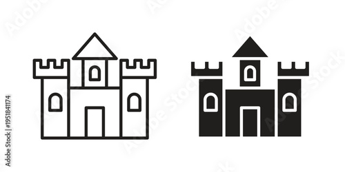 Castle icon set in black outline and fill. Editable icons
