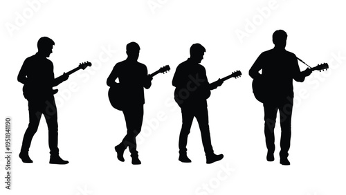 Four silhouettes of musicians playing guitars