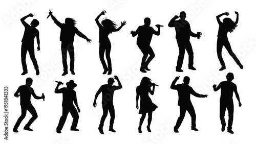 Black silhouettes of people dancing in various poses