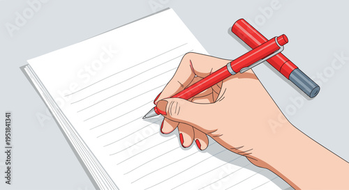 Hand writing with a red pen on a piece of lined paper suggesting creative storytelling or important note taking activities.