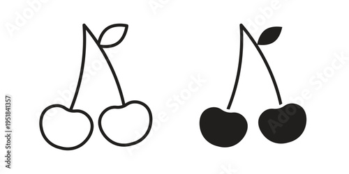 Cherry icon set in black outline and fill. Editable icons