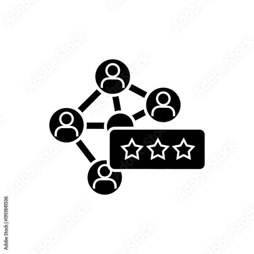 A black and white icon of connected people with a five star rating for feedback or review.
