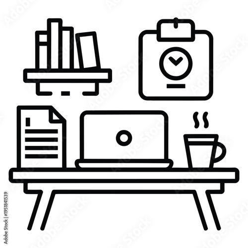 modern workspace vector eps with desk computer and office items simple outline illustration for home office setup productivity workspace design and professional environment concept