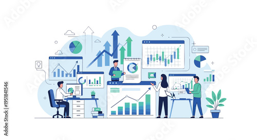 Vector illustration of people analyzing business data and statistics
