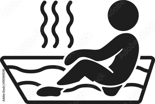 Hot tub silhouette illustration, person sitting in spa water with steam rising, wellness relaxation theme, vector art, black isolated bold design for amenities