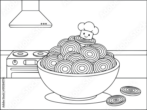 Coloring book featuring a cute chef character inside a bowl of onion rings