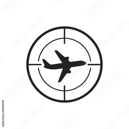 Black silhouette airplane in crosshairs on white background, symbolizing travel target or aviation concept.