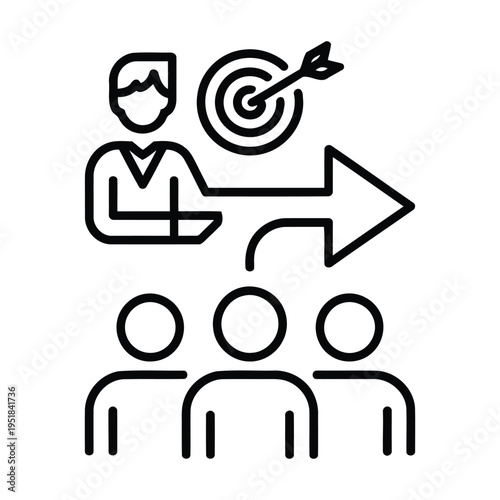 project management vector eps showing leader guiding team with arrows simple outline illustration for workflow organization task distribution and business teamwork coordination concept