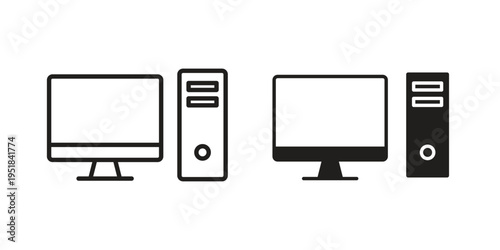 Computer icon set in black outline and fill. Editable icons