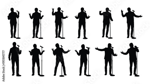 A group of people standing in different poses with microphones