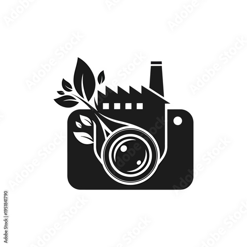A black and white graphic illustration of a camera with a factory and leaves